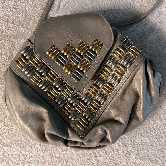 Vintage Leather Samir Purse crossbody 90’s 80’s grey & beautiful metallic sheen - Picture 1 of 6